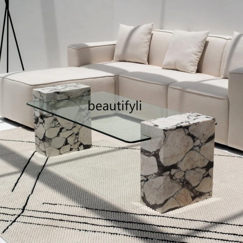 

Natural marble glass coffee table household small apartment living room square, light luxury Italian minimalist coffee table