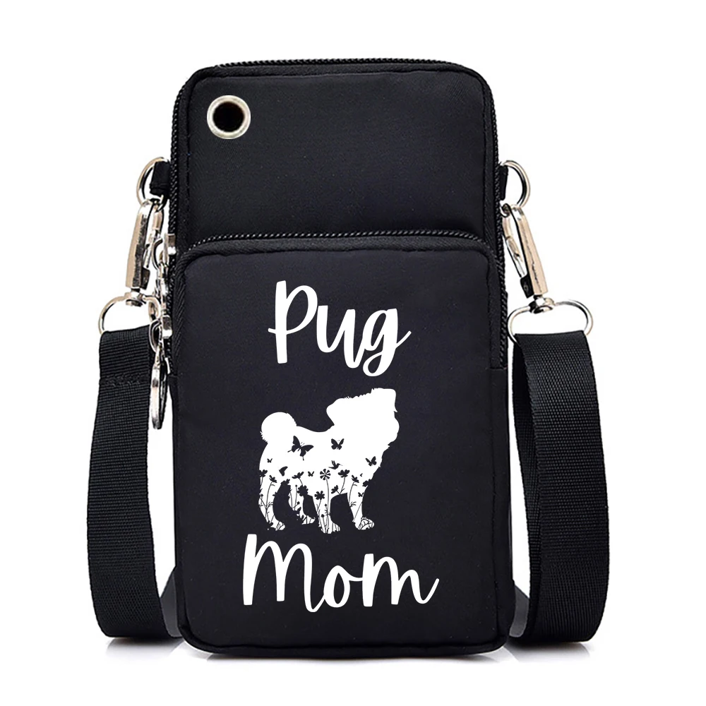 nylon Packet pug mama Graphic Borse a tracolla per telefono unisex cartone animato animale carlino adolescente Borsa per cellulare per portafoglio