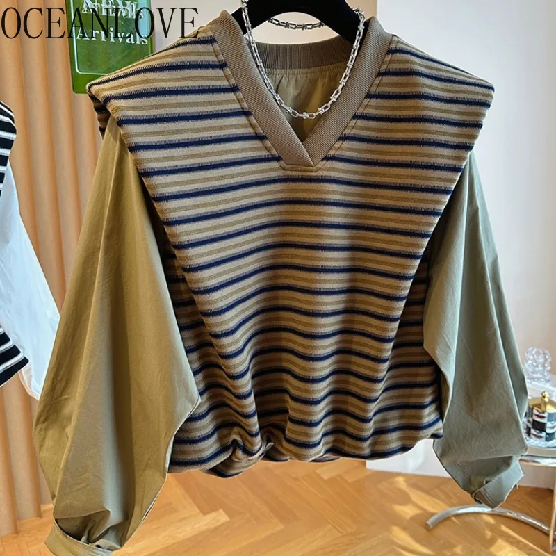 OCEANLOVE Fake 2 Pieces Women Hoodies Stripes Spring Autumn Loose Vintage Sweatshirts Korean Fashion Casual Sudaderas Mujer