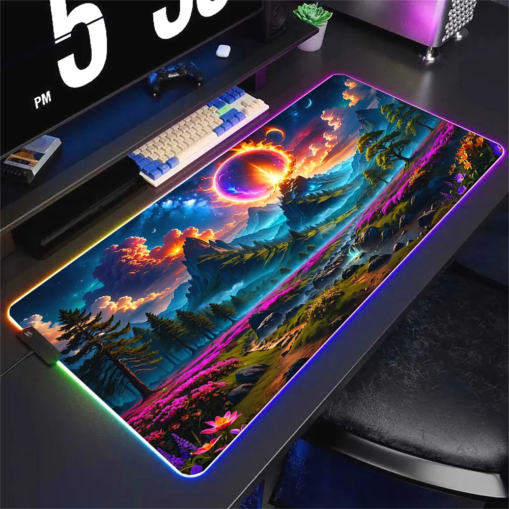 

RGB аниме коврик для мыши светодиодный игровой коврик для мыши пейзаж большой настольный коврик PC Gamer XXL крутой коврик для мыши светящиеся коврики для мыши 50x100 см