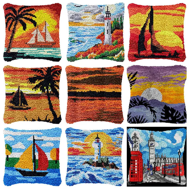 

Scenery Sunset Cartoon Latch Hook Embroidery Pillow Knotted Stitch Embroidery Kit Hand Hooks Knitted Carpet Latch Hook Rug Kits