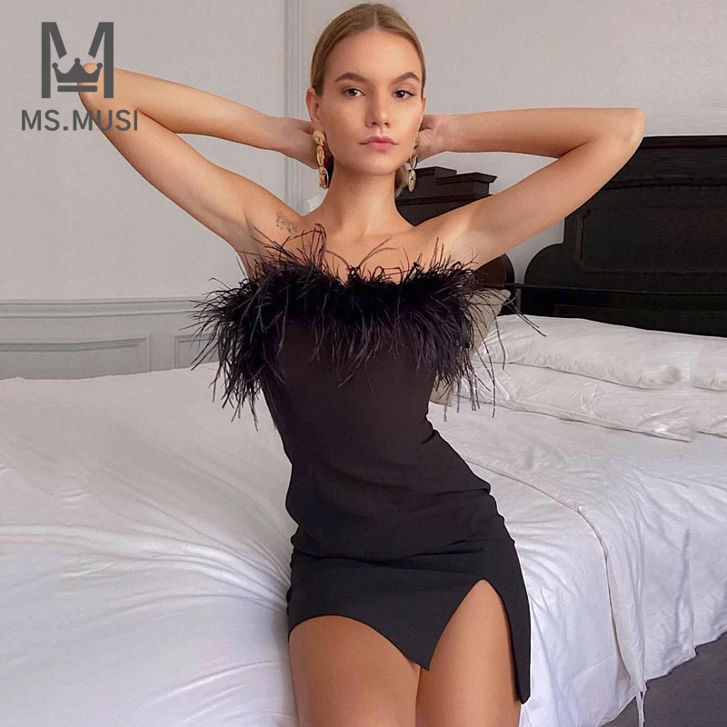 

MSMUSI 2023 New Fashion Women Sexy Black Strapless Feather Sleeveless Backless Bodycon Party Club Event Slit Mini Dress Vestidos