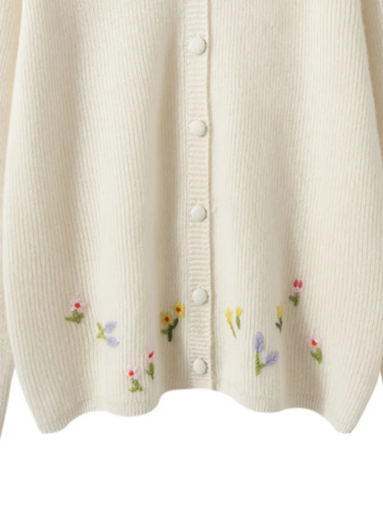 

Basics Cardigan Women's Embroidered Flower Blouse Autumn Winter 100% Cashmere Sweater O-Neck Knitwear Grace Lazy Office Lady Top