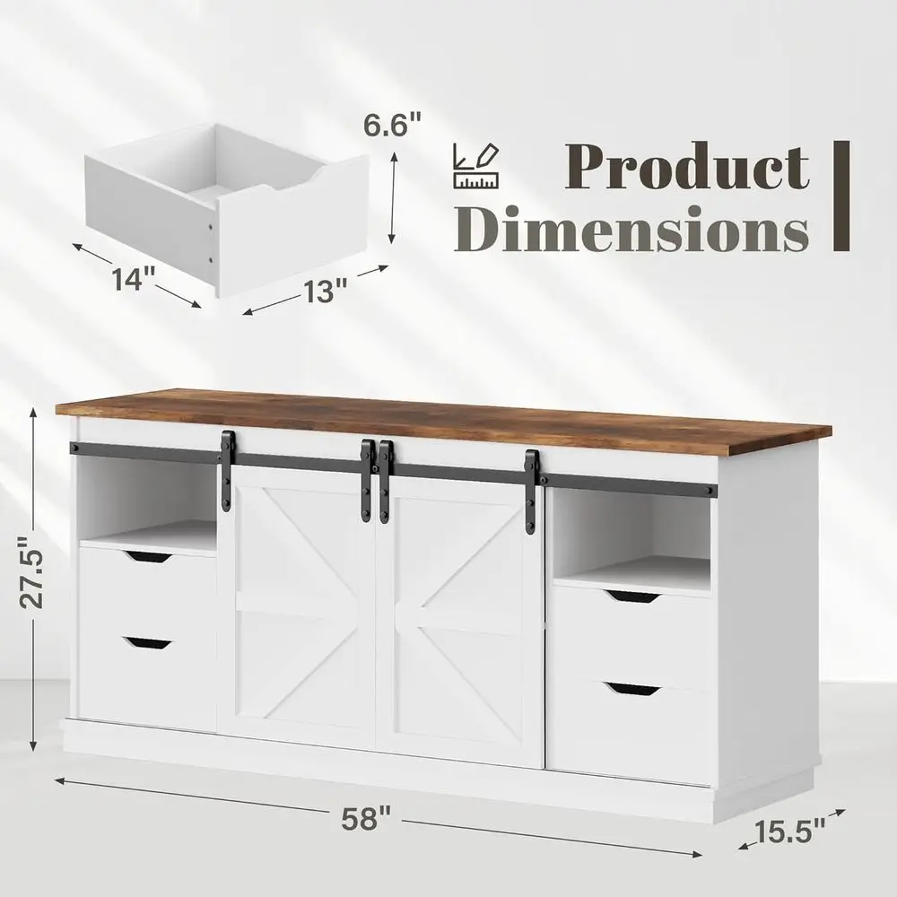 حامل تلفزيون 65 بوصة مع أبواب الحظيرة المنزلقة، 4 أدراج، طاولة وحدة التحكم، أثاث الوسائط لغرفة المعيشة، 58، أبيض حليبي