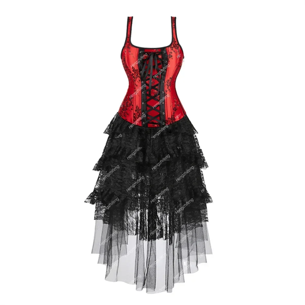 

Woman Corset Skirts Floral Lace Up Corsets Satin Bustier with Straps Zip Corsage Wedding Costume Medieval Renaissance Outfits