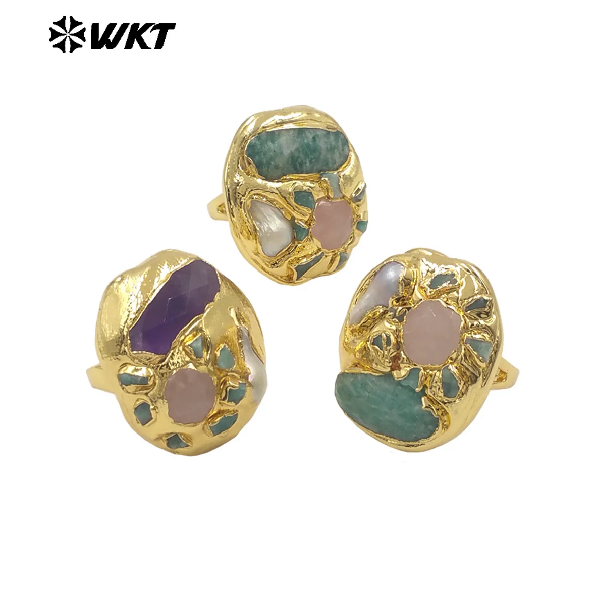 

WT-MPR139 Vintage Colorful Gemstone Amozonite Amethyst&Pearl Paved With 18k Gold Plated Big Ring For Cocktail Party Jewelry