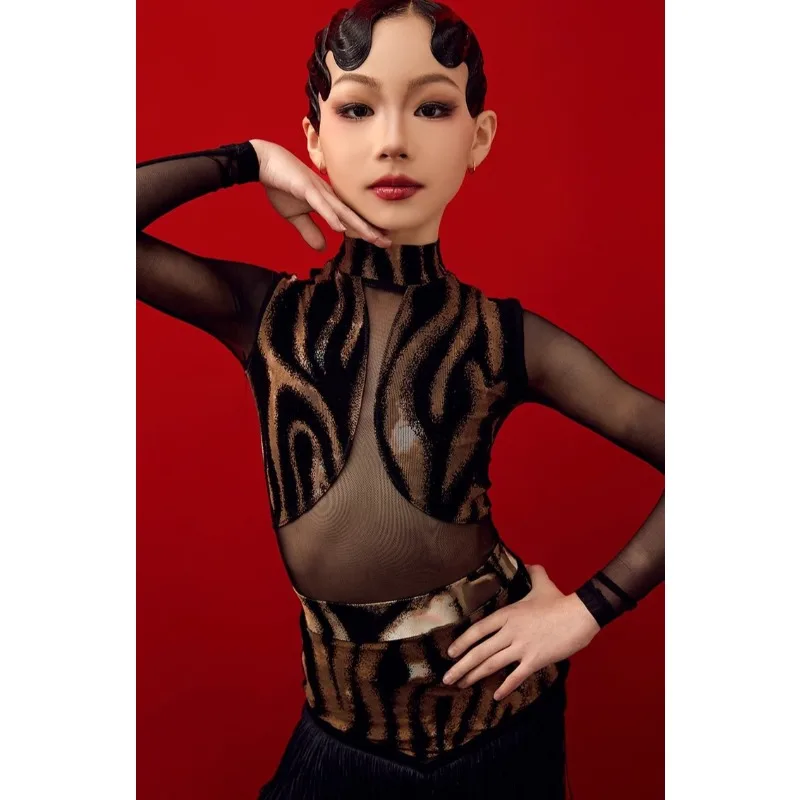 فستان رقص لاتيني مخصص للفتيات، نمط الفهد، ياقة عالية وأكمام طويلة، تنورة مقسمة