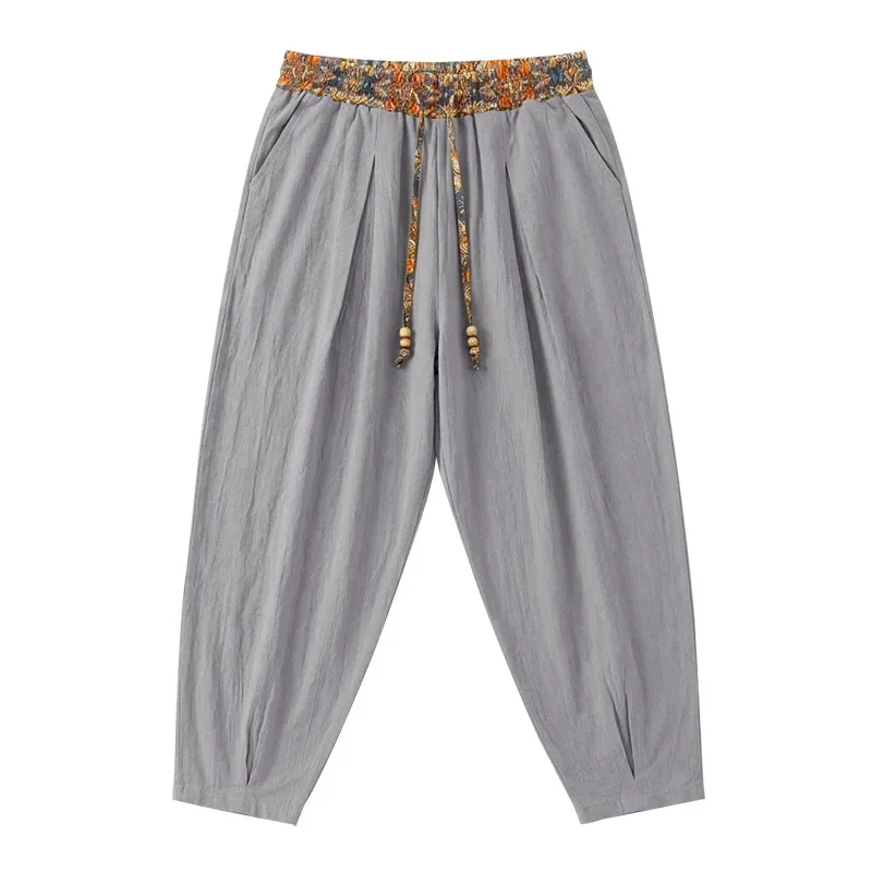 Herren 95% Leinen Haremshose Boho Blumenmuster Kordelzug Taille Lässige Weite Hose Strand Urlaub Knöchellange Hose – Detail 33