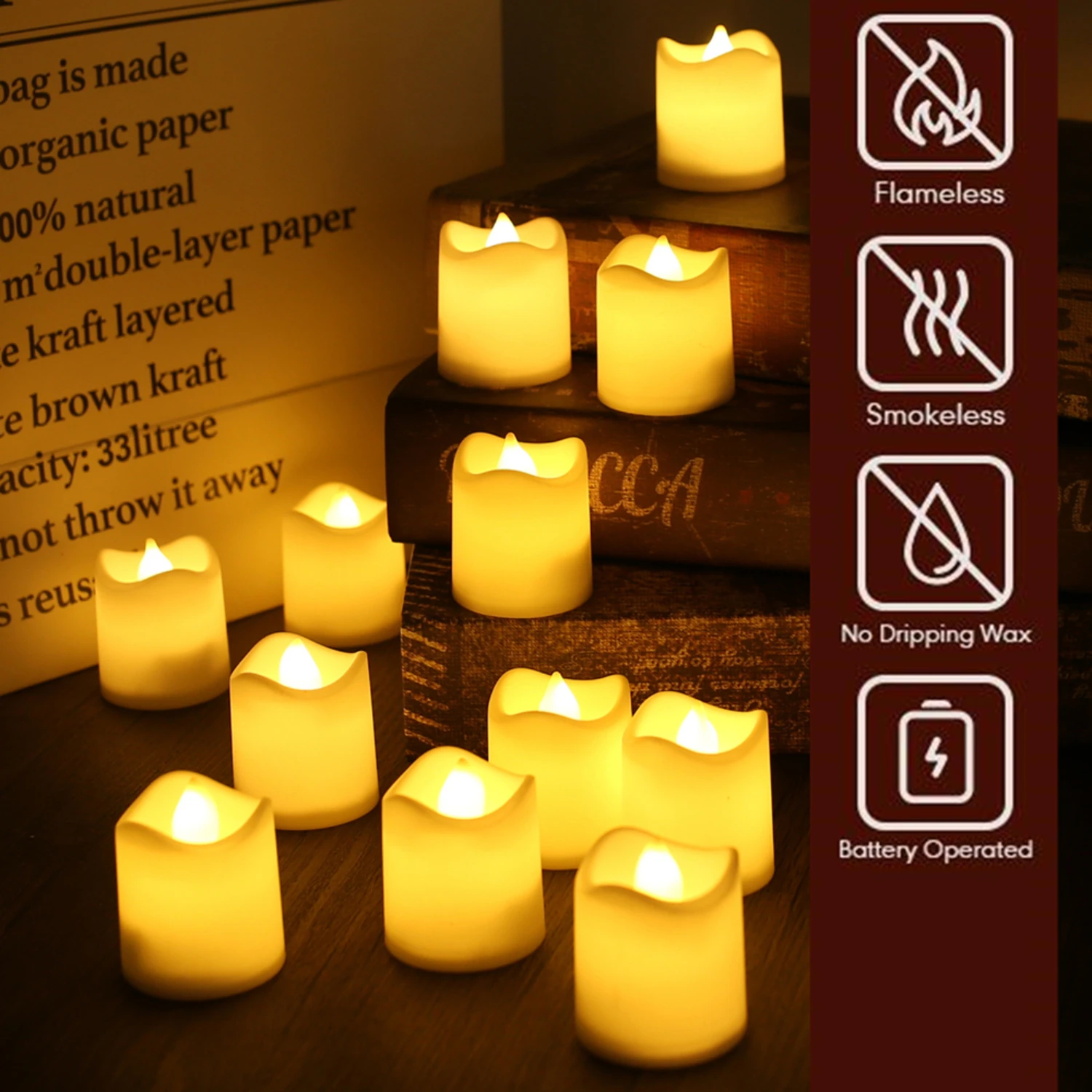 24pcs Warm White Flameless LED Tea Lights for Halloween & Christmas - Create a Realistic Flickering Light Effect to Add Cozy Cha