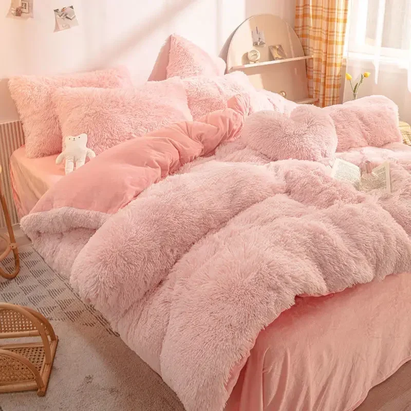 Luxury Autumn Winter Warm Pink Bedding Set Plush Kawaii Mink Velvet Queen Duvet Cover Set With Sheets Single Double Bedding Sets