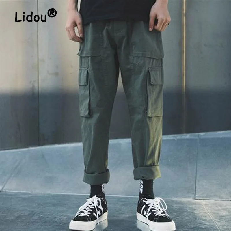 

Casual Korean Loose Solid Color Multiple Pockets Man Cargo Pants Classic Waist Drawcord Youth Handsome Male Trousers 2023