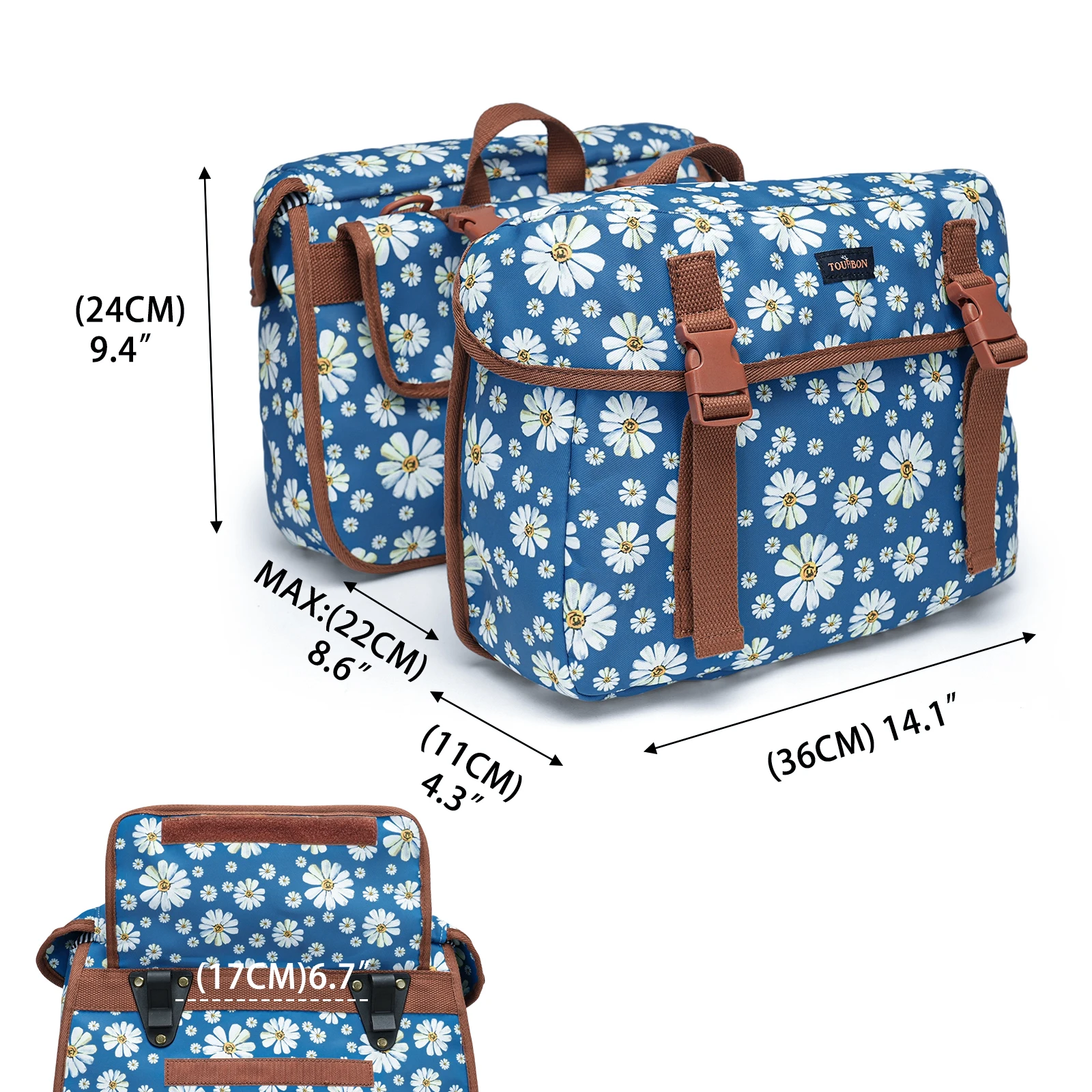Tourbon Nylon Bicycle Two Panniers Large Capacity Bike Storage Bag with Shoulder Strap Detachable as Crossbody Sling Packs