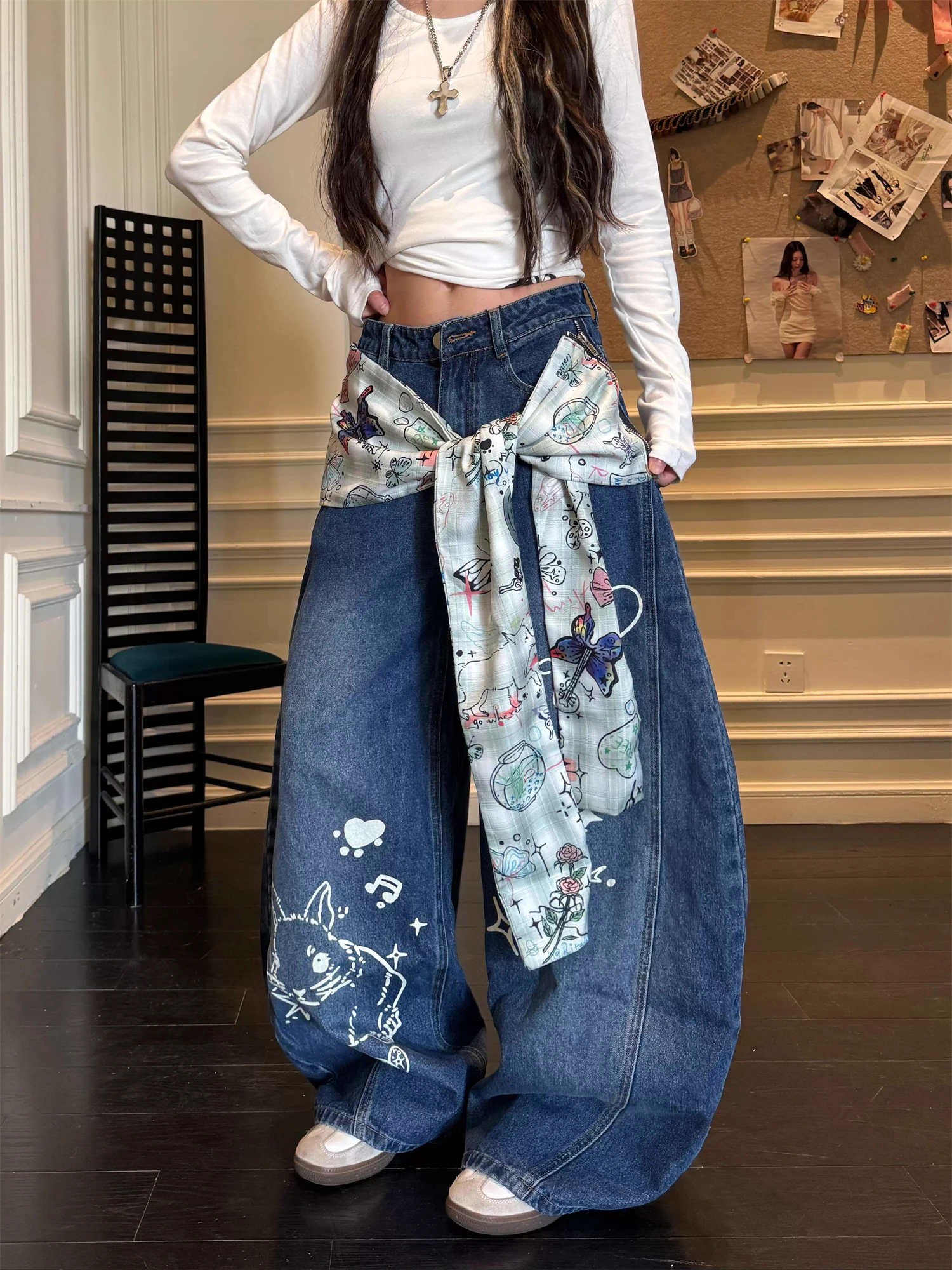 Women's Y2K Streetwear Oversized Baggy Jeans Cartoon Graffiti Print Scarf Patchwork Wide Leg Denim Trousers Casual Fashion Pants