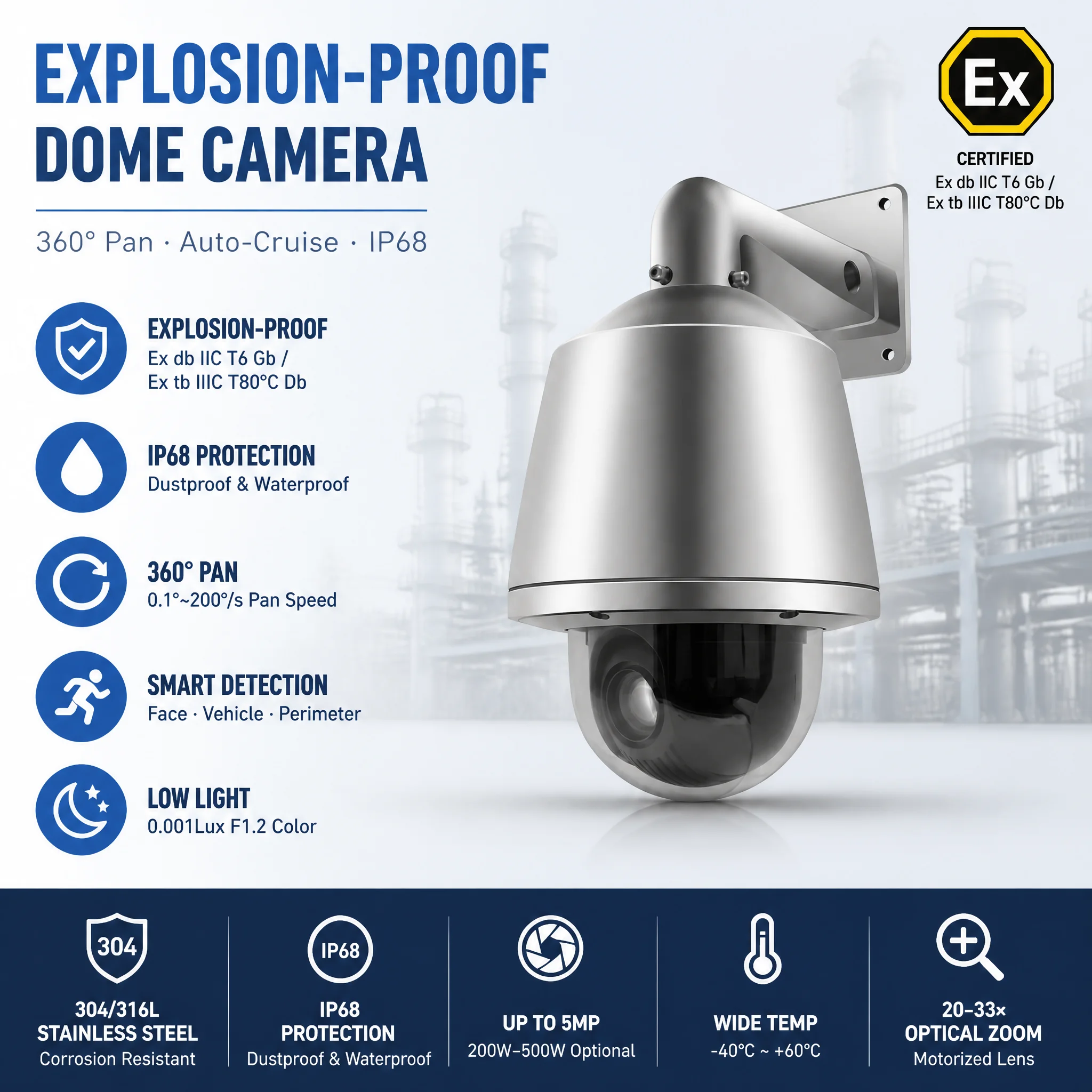 IECEx ATEX Certified 5MP Network Ip Monitoring Quick Security Stainless Steel Petrochemical Explosion Proof Dome Camera