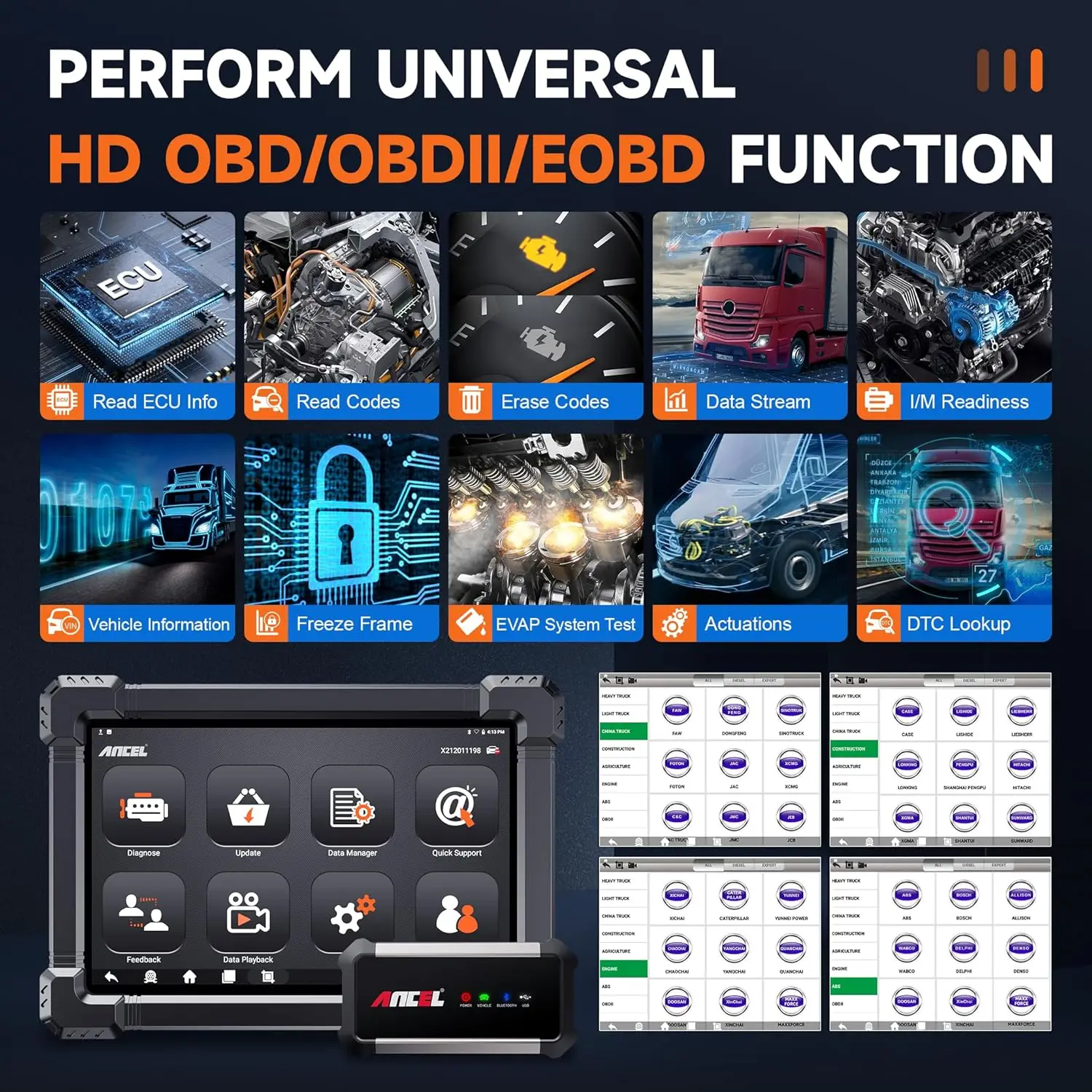 เครื่องมือสแกนวินิจฉัยรถบรรทุกหนัก ANCEL X7 HD สำหรับงานหนัก เครื่องมือสแกนระบบดีเซลแบบสองทิศทางพร้อมฟังก์ชันรีเซ็ตมากกว่า 40 รายการและการเข้ารหัส DPF ECU