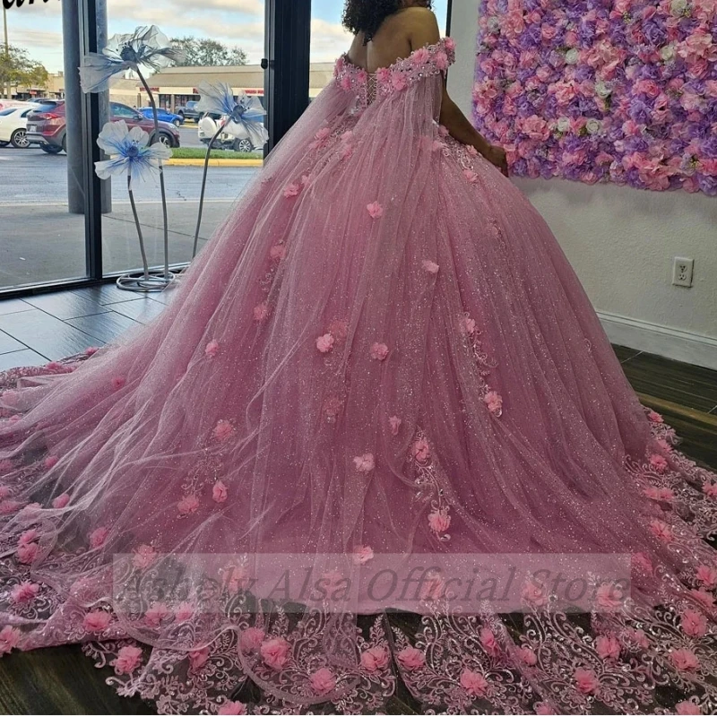 NB92 Customized Pink Quinceanera Dresses With Sleeve Cape Handmade Flower Appliques Sweet 16 Prom Party Dress Vestido De 15 Anos