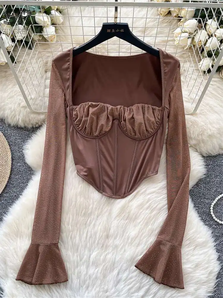 BabYoung Women Hotsweet Beading Tops 스퀘어 칼라 플레어 슬리브 셔츠 디자인 streetwear 솔리드 ​​메쉬 스플 라이스 스키니 기본 블라우스