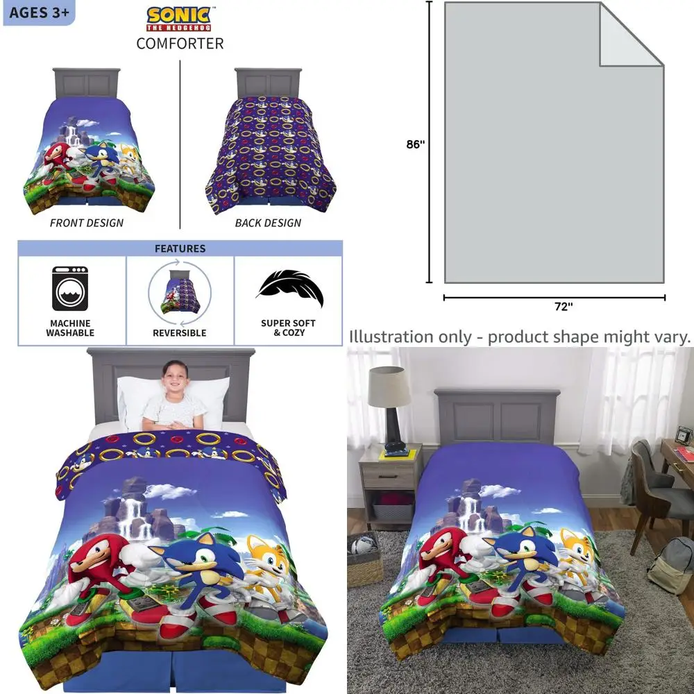 

Sonic The Hedgehog Anime-Themed Ultra Soft Microfiber Reversible Comforter - Twin/Full Size