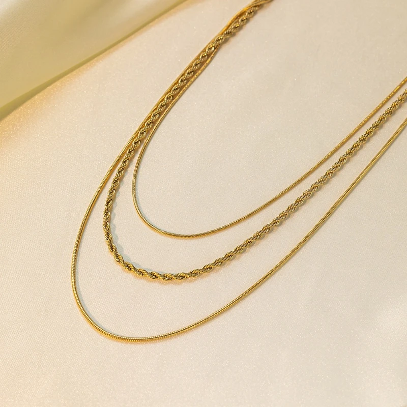 3-in-1 Twist Rope & Snake Chain Triple Layer Necklace 316 Stainless Steel Gold Integrated Stacked Choker
