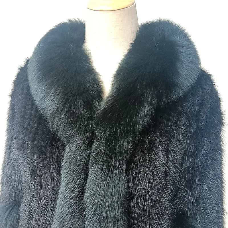 Women Knitted Real Mink Fur  Poncho With Real Fox Fur Collar Female Luxury Genuine Fur Wrap