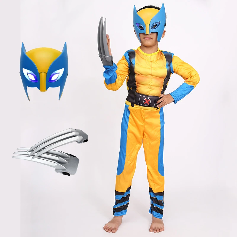 Superhero Wolverine Cosplay Costume for Boys Girls Halloween Stage Performance Jumpsuit Mask Claws Christmas Fantasy Dress up