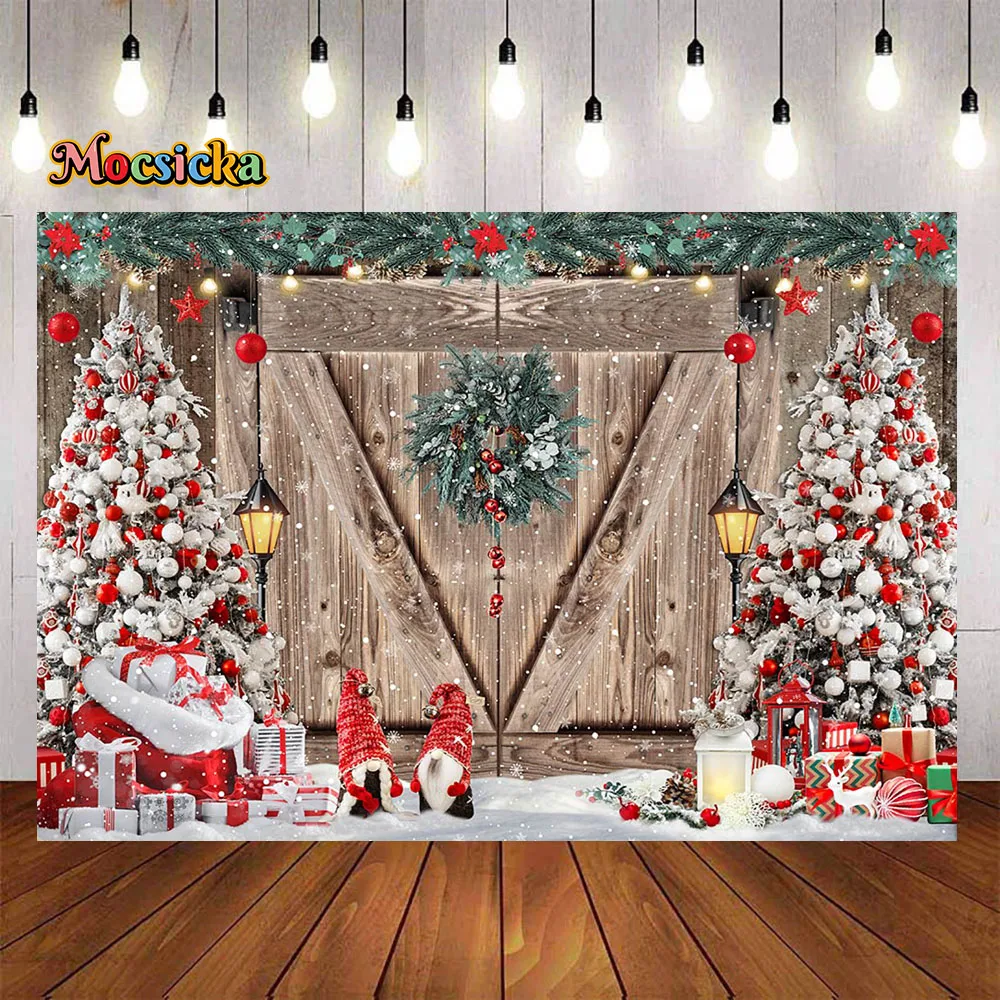 Mocsicka Christmas Wooden Door Background Photography Studio Red Xmas Tree Gift Decor Backdrop Rustic Barn Family Kid Photobooth