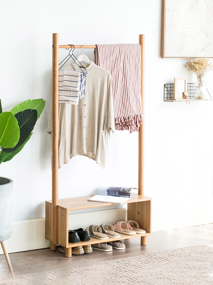 All-solid wood shoe rack Household oak shoe changing stool Living room clothes hanger coat rack