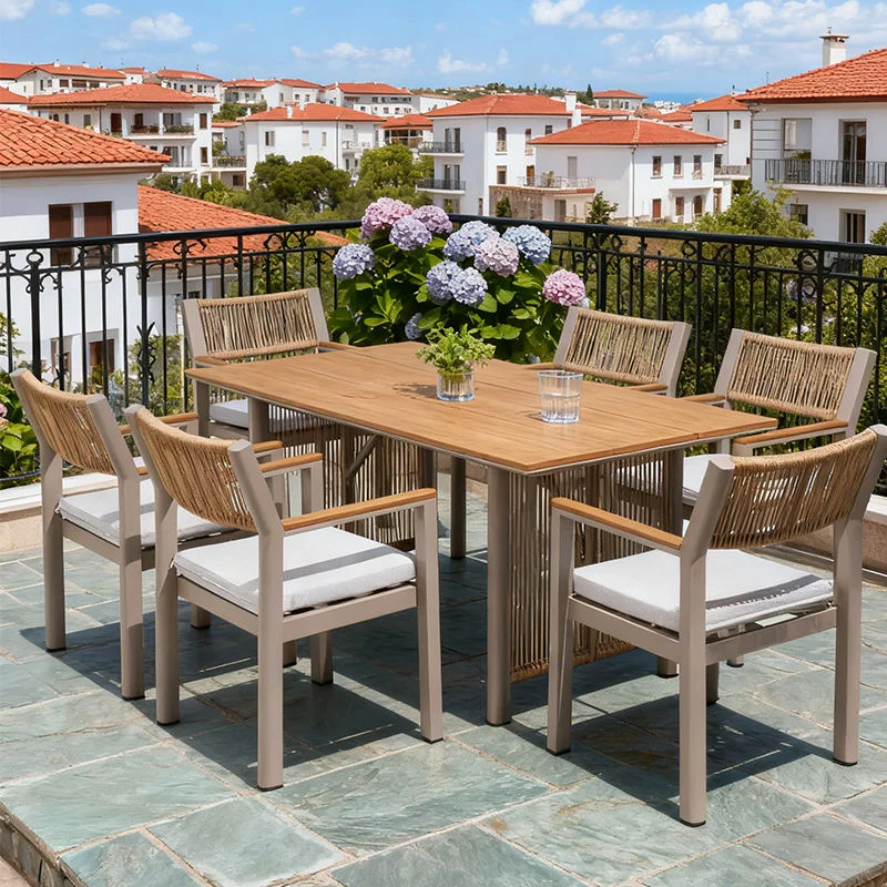 @3 # Modern Aluminum Frame Outdoor Dining Garden Set With Rattan Chair Faux Wood Tabletop Backrest Cushion-Durable Outdoor Furni