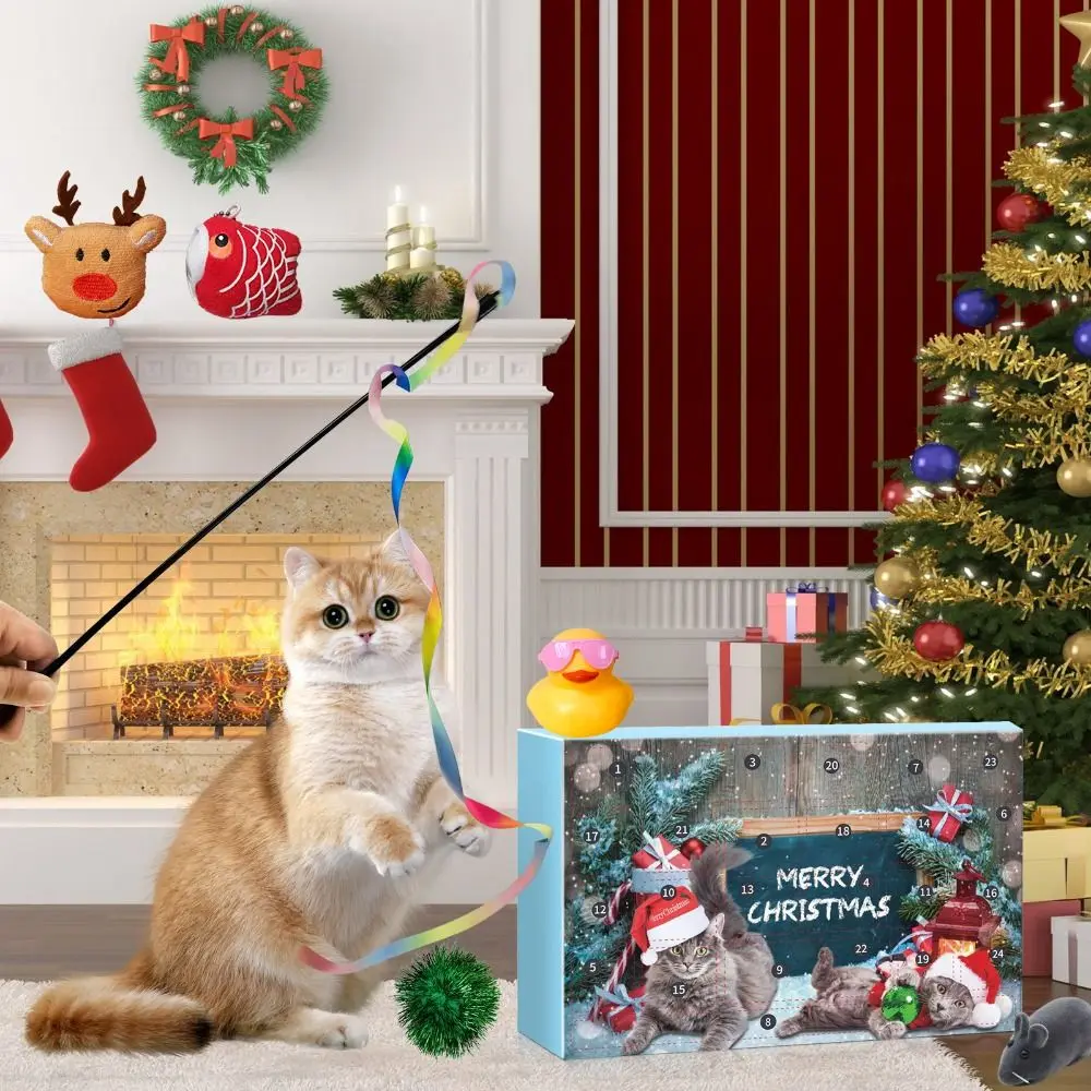 Funny Christmas Cat Advent Calendar 2024 Holiday Decorations Pet Toys Christmas Kitten Interactive Play Toys Gifts