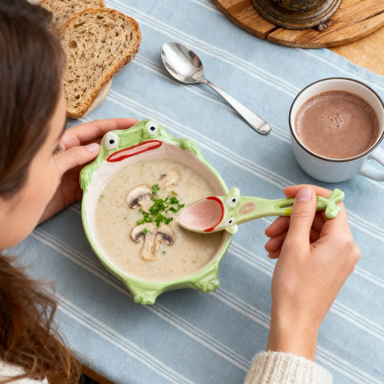 Funny Frog Spoon Frog Dinnerware Spoon Bowl Set Ceramic Household Eating Utensil For Kitchen Home Dining Kids Adults Women Girls