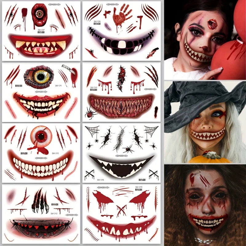 

Halloween Makeup Prank Temporary Tattoo, New Adults Clown Horror Scary Stitch Scar Fake Stickers-4 Sheets Scab Big Mouth Kits