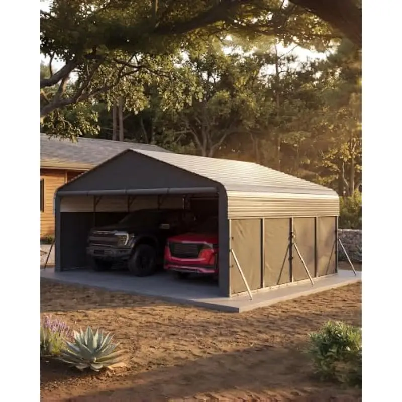 237x237x107 inch heavy-duty steel carport with 130-degree angled roof, triple-coated 1.6-inch poles, 27-gauge metal panels, rein