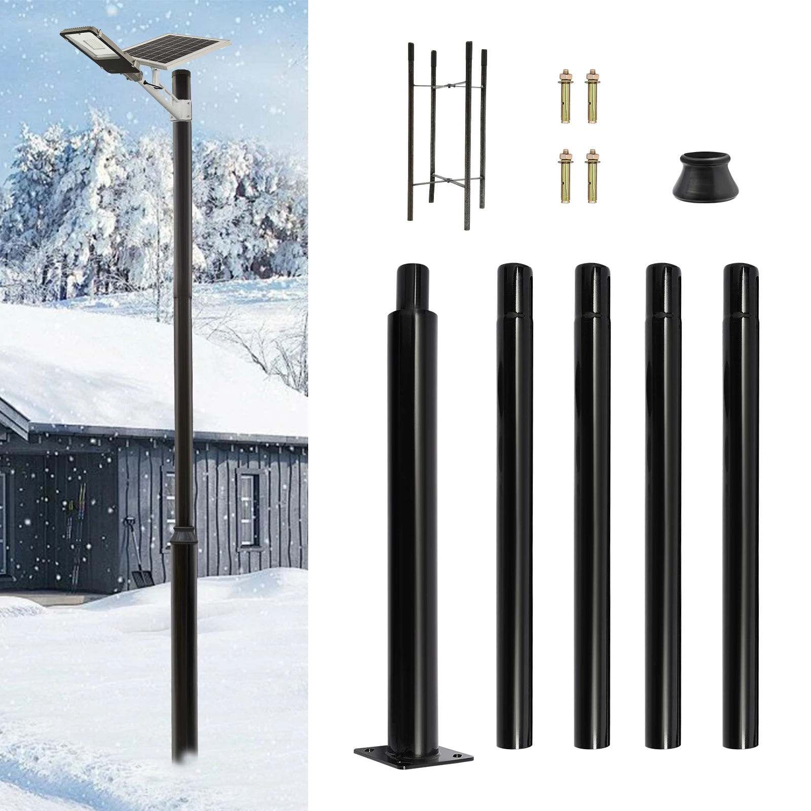 Outdoor Street Light Pole 5M, Split Black Lamp Post with Foundation Frame 220LBS Capacity, Iron Lamppost for Parking Lot Yard