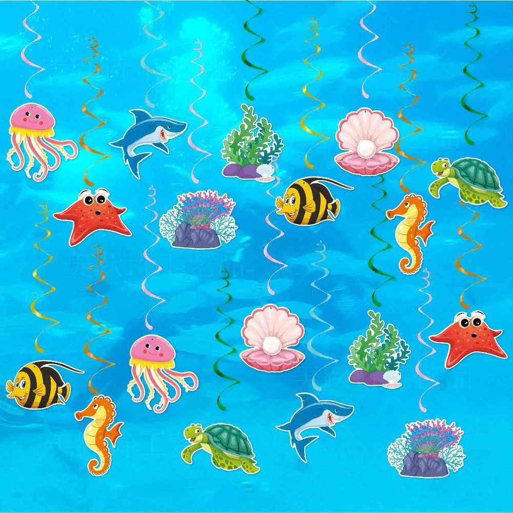 Under The Sea Spiral Hanging Tags Shell Starfish Seahorse Seaweed Spiral Pendant Happy Summer Ocean Birthday Party Decors