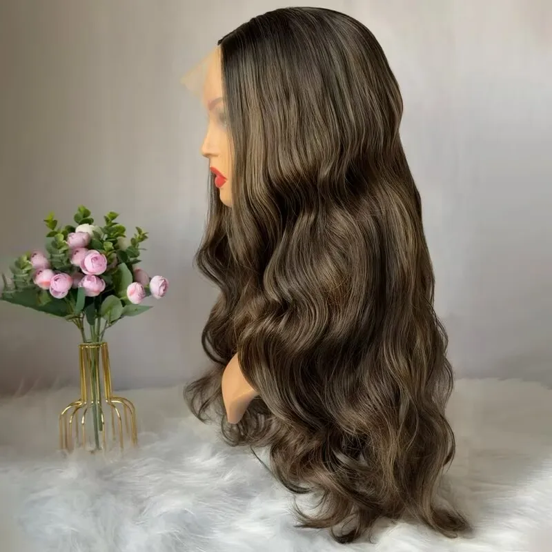 شعر مستعار ناعم طويل مموج أومبير بني داكن يسلط الضوء على شعر مستعار Balayage للنساء جودة عالية الاصطناعية HD الدانتيل الجبهة الباروكات للنساء