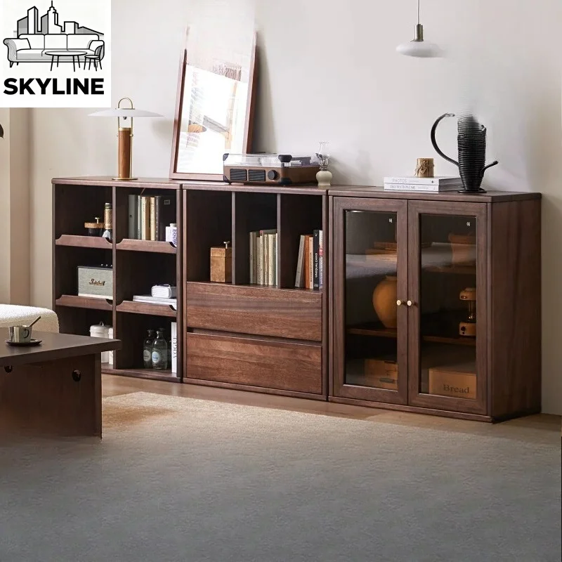 Walnut Glass Door Wall Book Cabinet, Vintage Medieval Full Wood Floor Display Locker for Living Room Deco