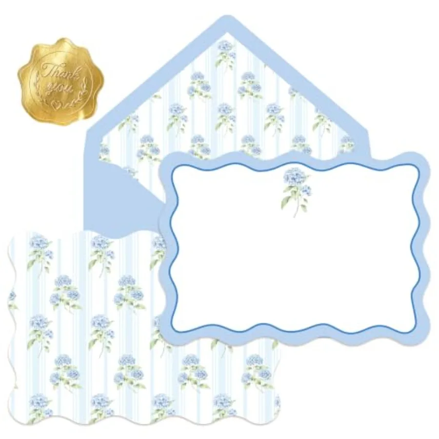 

24 Pack Hydrangea Flower Stationery Cards with Envelopes Blue Floral Stripe Scalloped Note Card Double-Sided Blank Greeting Car