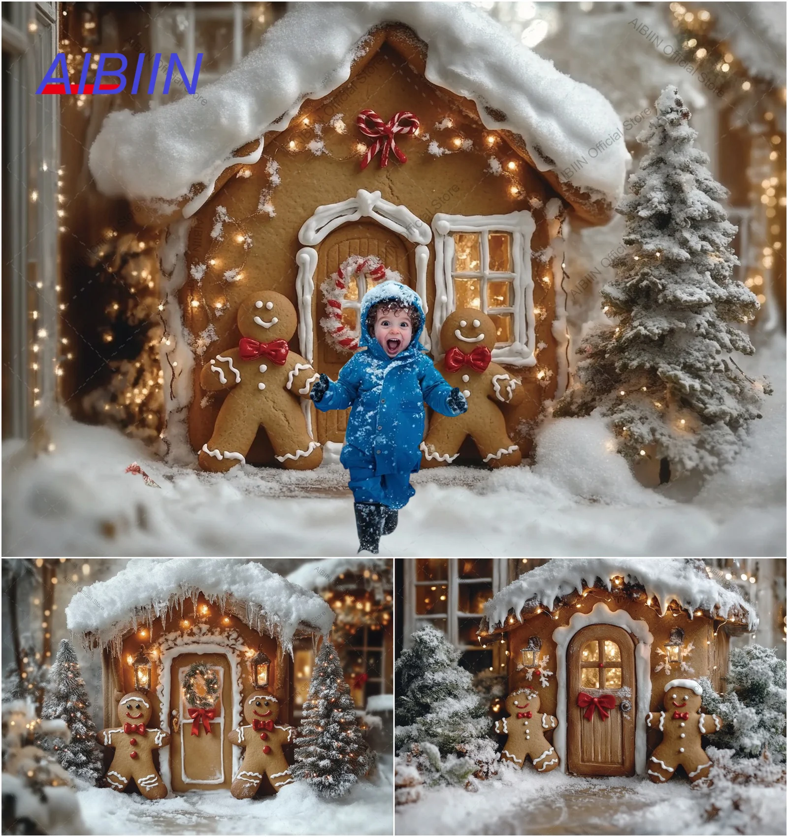 Fondo de fotografía de casa de jengibre, galletas de jengibre, árbol de Navidad, suelo nevado, retrato familiar para niños, fondo de fotozona