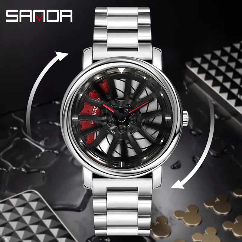 

SANDA 1057 Special Wheel Model Rotating Dial Quartz Wristwatch Quality Hook Buckle Steel Mesh Belt Fashion Business Men Watches