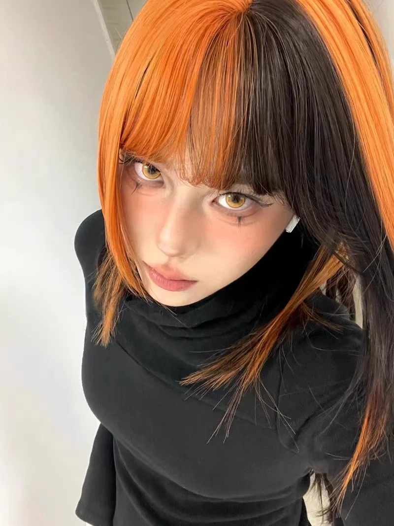 Synthetische Zwart & Vuile Oranje Hoogtepunten Pruik Y2K Subcultuur Pruiken met pony Lolita Cosplay Gelaagde Korte Steil Haar Pruik