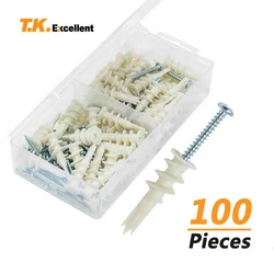 100Pcs Drywall Nylon Ribbed Anchor with Self Tapping Screws Wall Nylon Drywall Bolt Plasterboard Plastic Nylon Anchor