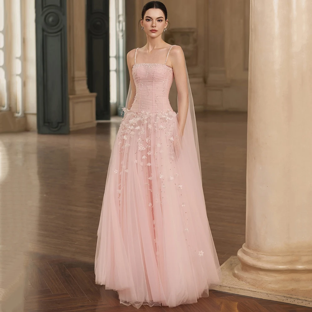 

Customized Strapless Appliques Women's Evening Dress Spaghetti Sleeveless Party Dress Backless A-line Floor Length Prom Gown
