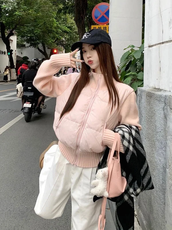 

Sweet Style Pink Knitted Splice Long Sleeve Women's Cotton Jacket Autumn Winter Slim Fit Versatile Warm Cotton Clothes Coat