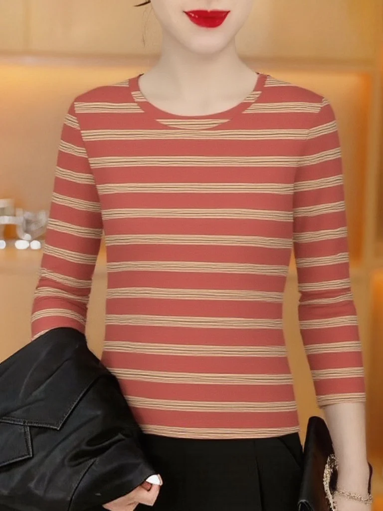 

Повседневная женская футболка с длинным рукавом в полоску, приталенная, с круглым вырезом, из дышащего полиэстера, модный топ для женщин среднего возраста