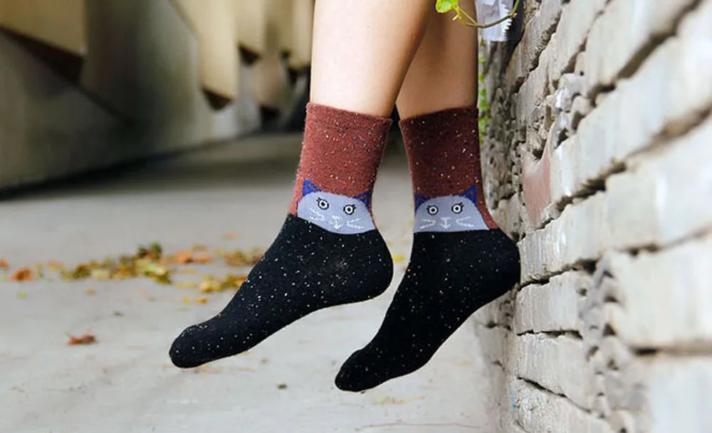 3 Paar/Set Vintage Dicke Kaninchenwollsocken für Damen Retro Winter Harajuku Tiermotive Eule Hirsch Katze Elefant Niedlich Süß – Detail 8