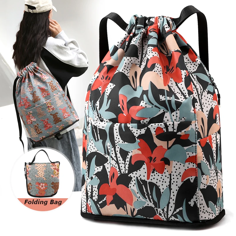 Mochila con cordón para mujer, de alta calidad bolso de tela, plegable, portátil, para ir de compras