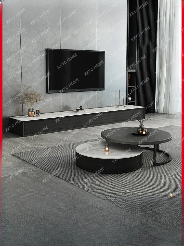 round Stone Plate Coffee Table TV Cabinet Combination Light Luxury Modern Simple SmallApartment LivingRoom HomeStorage Tea Table