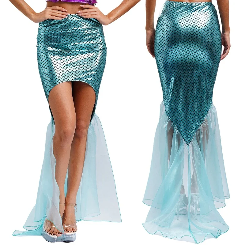 

Womens Mermaid Cosplay Costume Skirts Halloween Cosplay Party Fish Scale Print Tulle Skinny Skirt Metallic Shiny Maxi Dresses