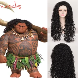 3544 Xi.Rocks Anime Movie Moana Maui Cosplay Black Curly Role Play Wig Halloween Synthetic Long Hair