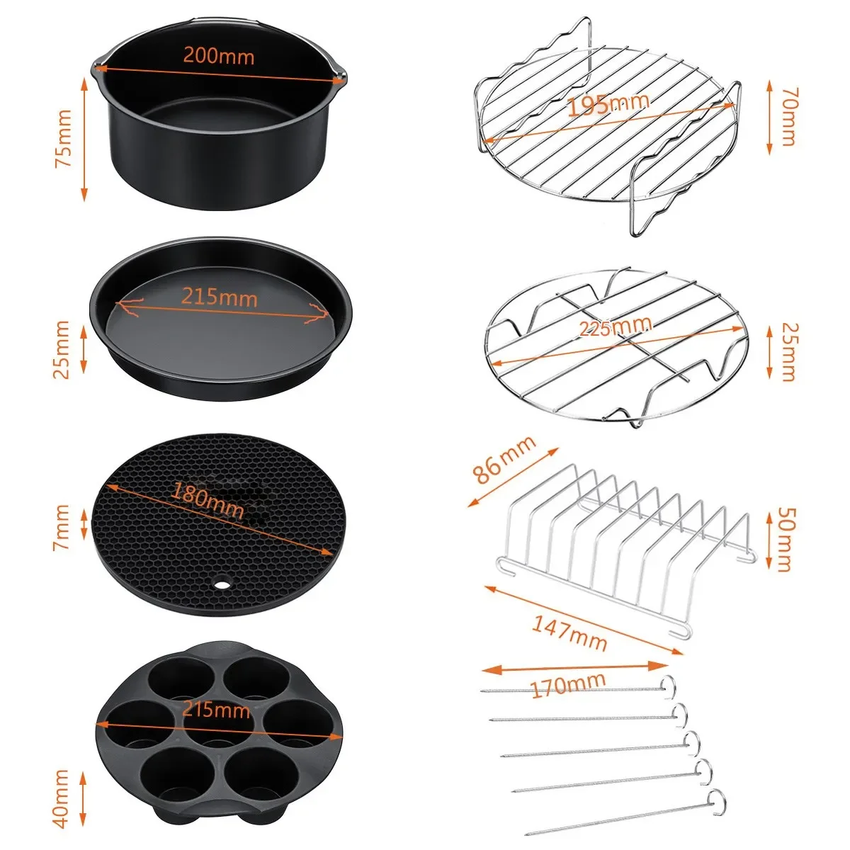 12pcs 9 Inch Fit for Airfryer 5.2-6.8QT AirFryer Accessories Baking Basket Pizza Plate Grill Pot Kitchen Cooking Tool for Party